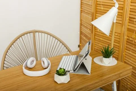 Desk of creative worker. Modern creative workspace. Stock Photos