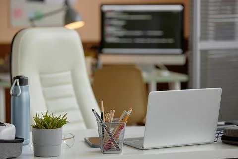 Desk with Equipment in Computer Programmer Office Foto stock