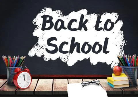 Desk foreground with blackboard graphics of Back to school Stock Photos