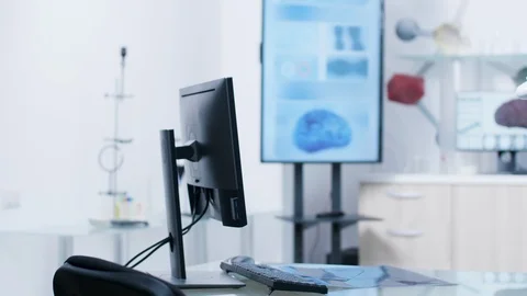 Desk in front of modern laboratory Video stock 109172452