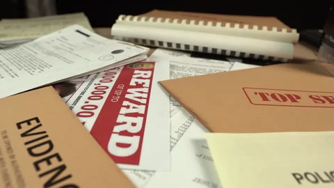 Desk Full of Documents From Criminal Investigation, Evidence, Top Secret Stock Footage 328295061