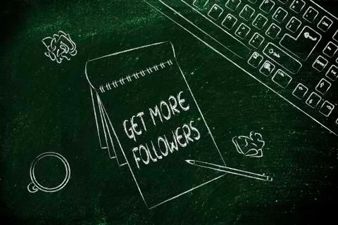 Desk with keybord, coffee and notes about getting more followers Illustrazione stock