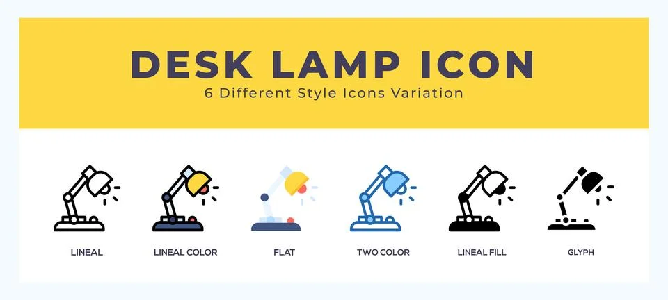 Desk lamp icon set with different styles. Design elements for logo. Vector .. Illustrazione stock
