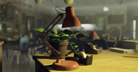 Desk lamp illuminates workspace in a classroom with plant and tape dispenser Stock Illustration