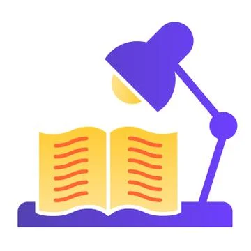 Desk lamp under book flat icon. Home learning workplace, light bulb and open Stock Illustration
