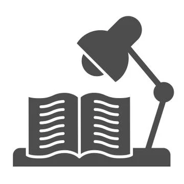 Desk lamp under book solid icon. Home learning workplace, light bulb and open Stock Illustration