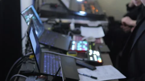 Desk with a laptop and a keyboard on it Stock Footage 299973833