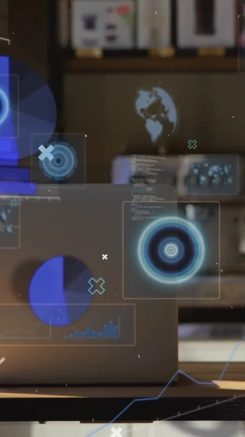 On desk, laptop displaying digital data processing animation in office setting Stock Footage 319617298