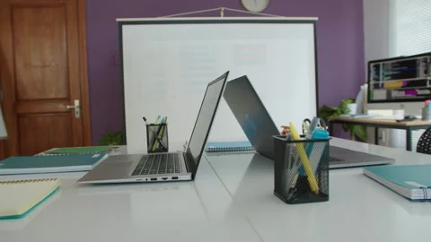 Desk with Laptops at Studying Room of IT Class at School Stock Footage 280541296