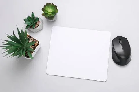 Desk with mouse, white mouse pad, and small potted succulents Stock Photos