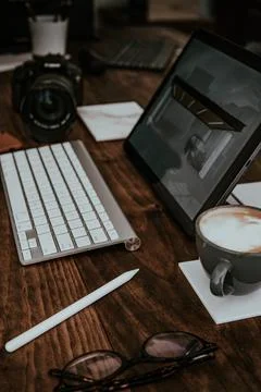 Desk with multiple objects on it 스톡 사진