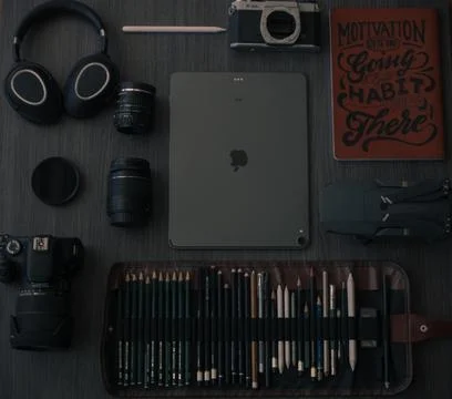 Desk with multiple objects on it Stock Photos