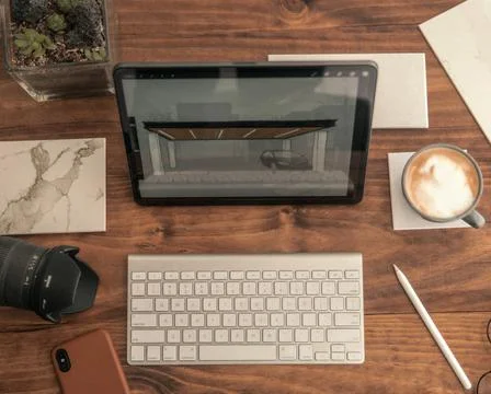 Desk with multiple objects on it Stock Photos