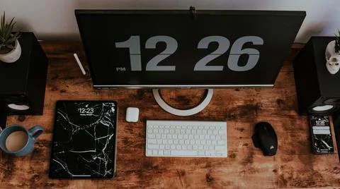 Desk with multiple objects on it Stock Photos