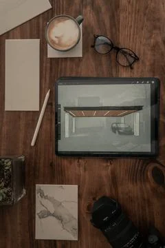 Desk with multiple objects on it 스톡 사진