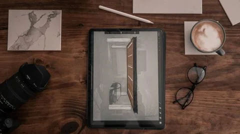 Desk with multiple objects on it 写真素材