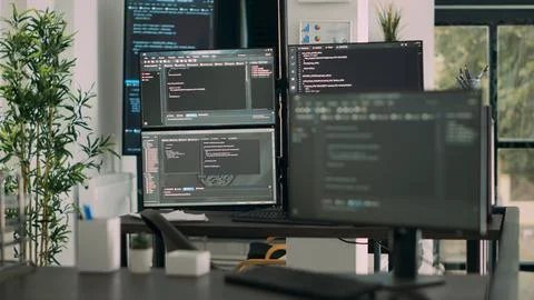 Desk with multiple screens showing digital programming network 库存照片