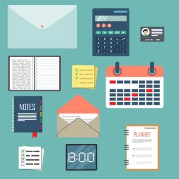 Desk objects vector illustration in flat design Stock Illustration