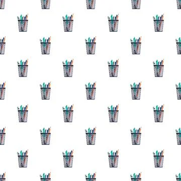 Desk organizer pens pencils pattern white background Stock Illustration