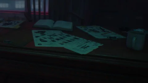 Desk with papers and a book in a dimly lit room during nighttime Stock Footage 344966508