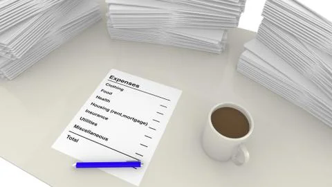 Desk with a pile of bills Stock Illustration