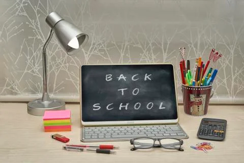 Desk prepared for the return to school Stock-Fotos