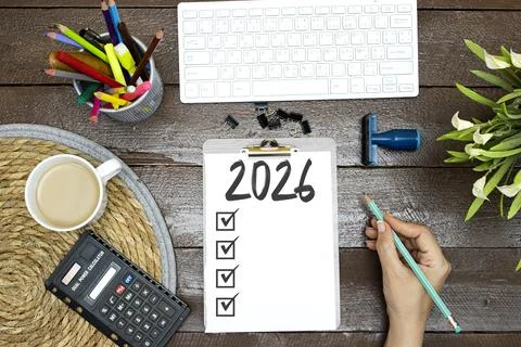 Desk Setup With 2026 Checklist, Tools, Coffee, and Planner for New Year Goals Stock Photos