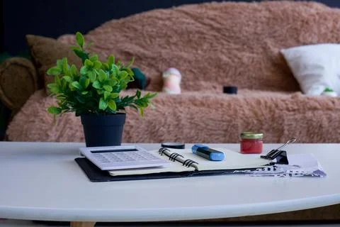 Desk setup with calculator, notebook, and plant on a fuzzy couch background Stock Photos