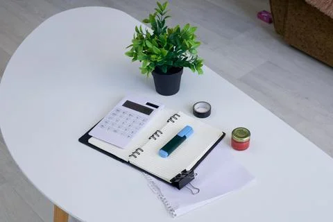 Desk setup with calculator, notebook, and plant for productive work and study Stock Photos