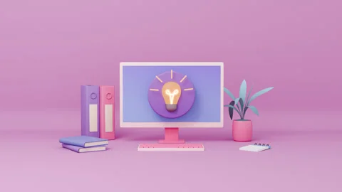 Desk setup, computer monitor with question mark on screen Vidéo 288046949