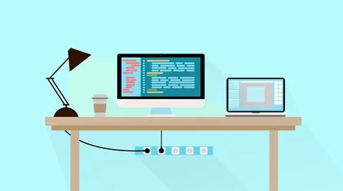 Desk setup consisting of a lamp and computers on a light green background Stock Illustration