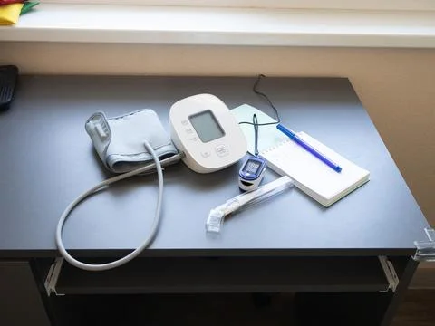 Desk setup featuring digital blood pressure monitor with cuff, notebook and.. Stock Photos