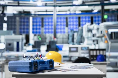 Desk setup used for producing renewable energy in high tech facility Stock Photos