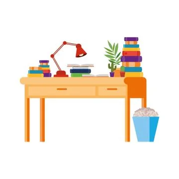 Desk with stack of books on white background 스톡 일러스트