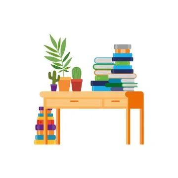 Desk with stack of books on white background 스톡 일러스트