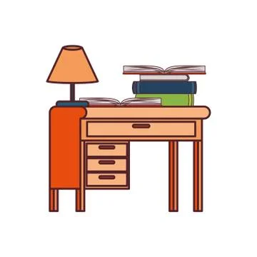 Desk with stack of books on white background 스톡 일러스트