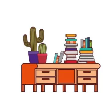 Desk with stack of books on white background Stock Illustration