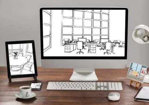 Desk with tablet, computer and phone. 1 office blueprint in each one. (all white Stock Photos