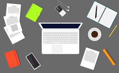 Desk top view. The modern workplace office worker, freelancer, businessman, a Stock Illustration