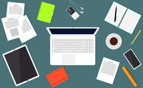 Desk top view. The modern workplace office worker, freelancer, businessman, a Stock Illustration