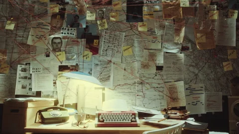 Desk with Typewriter under Evidence Board in Police Department Video stock 277546877