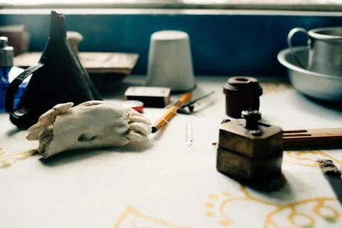 Desk with wierd things Stock Photos