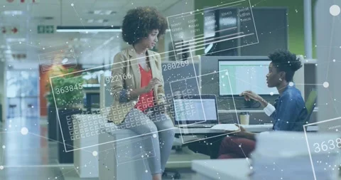 Desk worker sharing doc, colleague glancing phone and comparing sheet, HUD Stock Footage 332288889