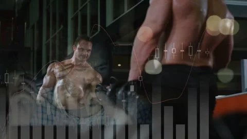 Desk worker tapping screen, overlaid finance charts tracking gains while gym Stock Footage 331635290
