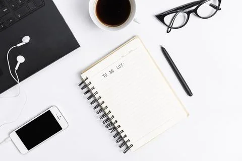 Desk workspace with various elements Stock Photos