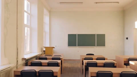 Desks And Chalkboard In Empty Bright Classroom,  Lecture Hall Stock Footage 294905805