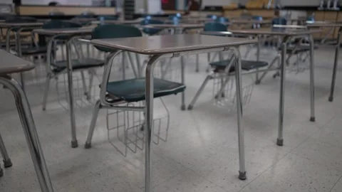 Desks Arranged in an Empty Classroom Ready for Learning and Teaching Experiences Stock Footage 294772363