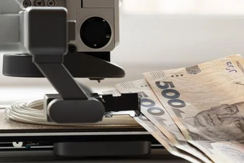 A desktop 3D printer and 500-hryvnia Ukrainian banknotes, modern technology Stock Photos