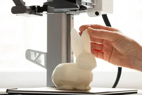 A desktop 3D printer and a white low-poly bunny on the printer, along with .. Stock Photos