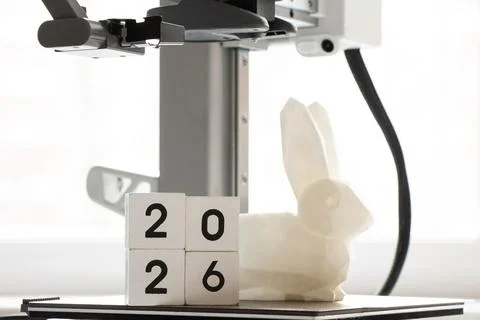 A desktop 3D printer and a white low-poly bunny on the printer, female hand.. Stock Photos